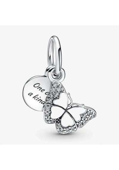 Nur Silver Kelebek ve Yazılı Çift Sallantılı Gümüş Charm - NUR-CM00371