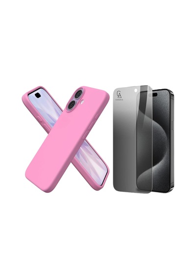 Apple Uyumlu iPhone 17 Içi Kadife Lansman Kılıf Ve Hayalet Privacy Tam Kaplayan Cam Ekran Koruyucu Açık Pembe