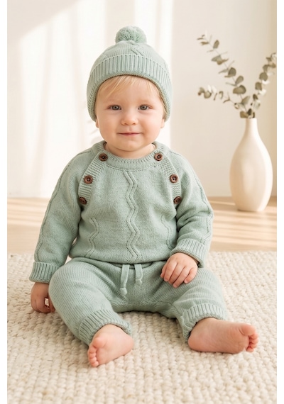 Babymod Triko Düğme İliklemeli Kışlık Örgü Erkek Bebek Takım Yeşil