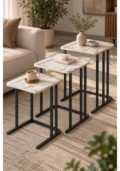 Sulorahome Ekru Mermer Desenli 3'lü Zigon Sehpa Seti Metal Ayaklı