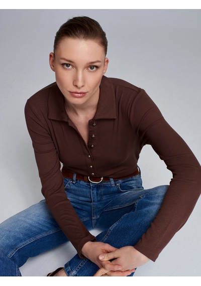 Dilvin 32671 Düğme Detaylı Polo Yaka Top-açık Kahve Açık Kahverengi