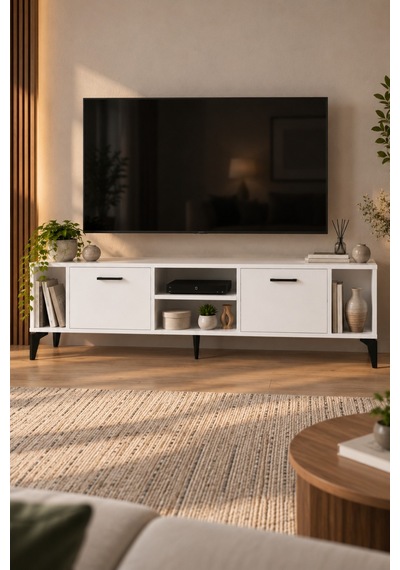 Sulorahome Suntalam Tv Unit With Doors And Shelves 160x35 Cm Beyaz