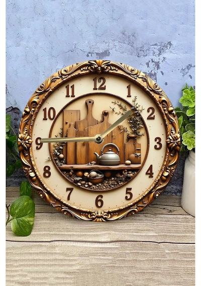 Klasik Mutfak Temalı Mdf Duvar Saati 33 Cm 3d Görünümlü Uv Baskı Sdw351 Renkli