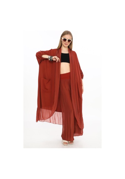 Bohem Stil Itayan Ipek Detaylı Oversize Kaftan- Pantolon Takım-9214 Bordo