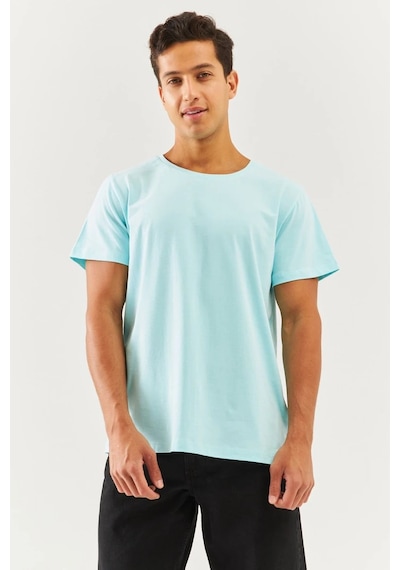 Erkek Oversize Rahat %100 Pamuklu Penye Bisiklet Yaka Kısa Kol Basic T-shirt Buz Mavisi