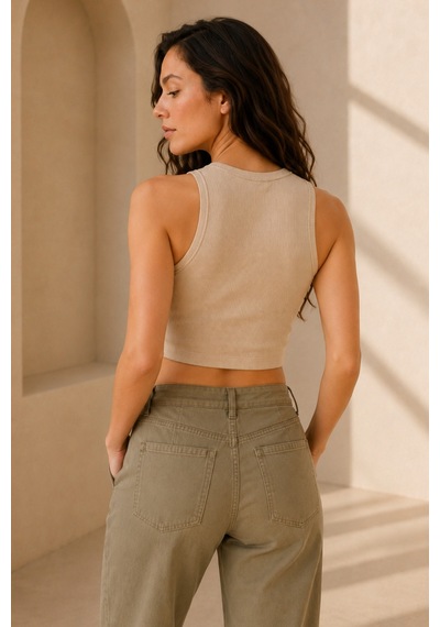 Loule Kadın Bisiklet Yaka Kolsuz Fitilli Crop Top Bej Pamuklu