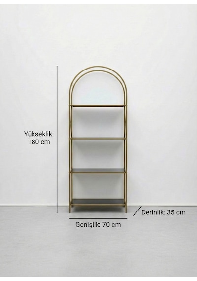 Noble Metal Kitaplık Dekoratif Kemerli 4 Raflı Salon Ve Ofis Rafı 70x180 Cm Altın