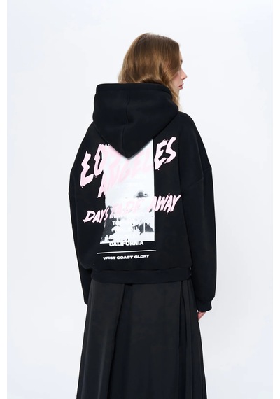 Olla Collection Sırtı Baskılı Kanguru Cepli Kapüşonlu Sweatshirt Siyah Siyah