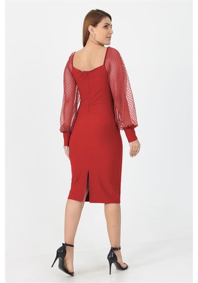 Neşeli Butik Kadın Yeni Sezon Kolları Tül Midi Boy Likralı Elbise Nb10004 Kırmızı