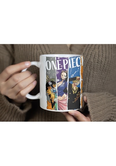 One Piece Karakterleri Kupa Bardak - Anime Ekip Tasarımı - Renkli Şerit Desenli Model Beyaz