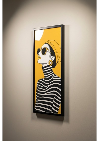Kadın Figürlü Dekoratif Duvar Tablosu 25x60 Cm Siyah Çerçeveli Modern Dikey Tablo