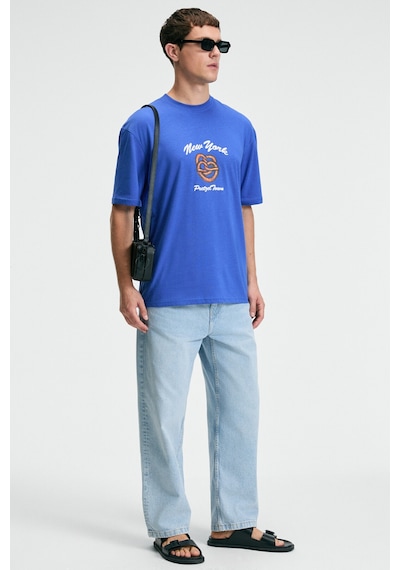Grimelange CRISP Erkek Oversize %100 Pamuk Baskılı Yuvarlak Yaka Saks Mavi T-Shirt