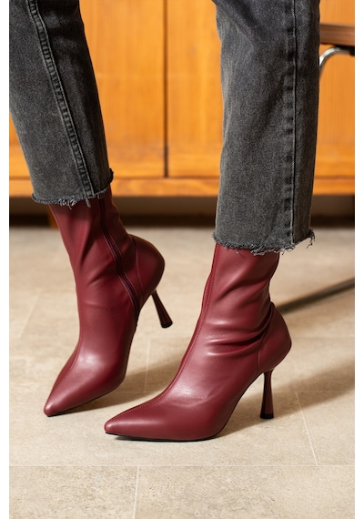 Dabab Shoes Marya Kadın Bordo Streç Cilt Sivri Burun Sıcak Astarlı Fermuarlı 7 Cm İnce Topuklu Bot Bootie
