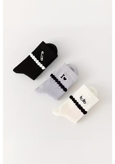 Hitit Socks Kadın 5 Çift Premium Kalite Şerit Kabartmalı Ataç Hello Love Desenli Kolej Çorap Asorti