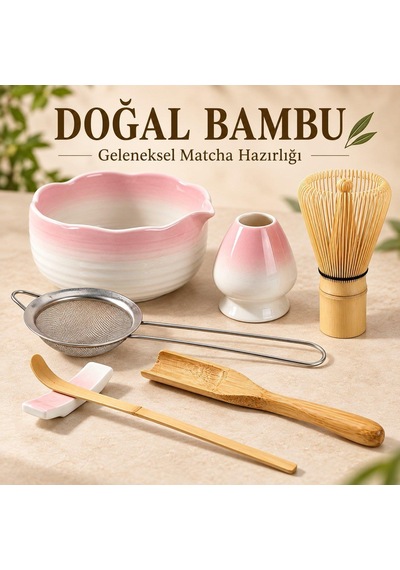 Valkyrie 7 Parça Matcha Seti Chasen Çırpıcı Chawan Kase Chashaku Kaşık Süzgeç Ve Stand Pembe