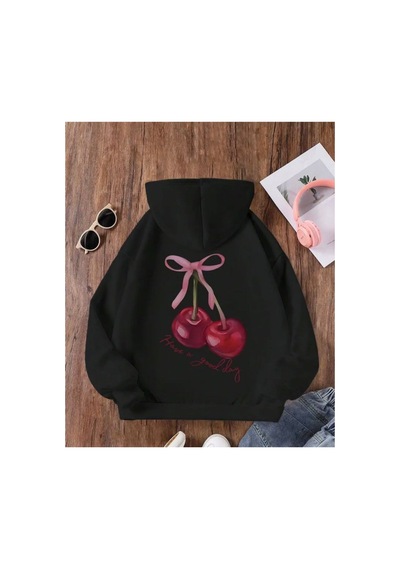 Herkesemoda Arka Baskı Detaylı İçi Polarlı Kapüşonlu Sweatshirt Siyah