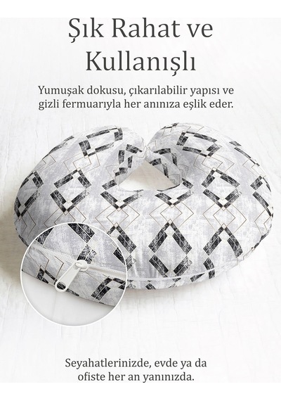 Geometrik Desenli Pamuklu Boyun Yastığı - Modern Siyah Gri Altın Seyahat Yastığı Lavanta Taş Bej
