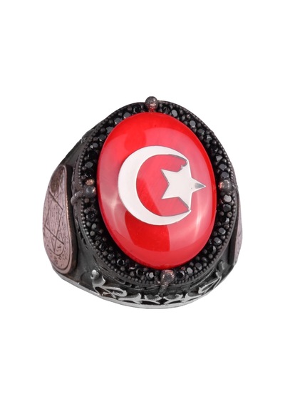 Yıldız Ve Hilal Desenli Yüzük - El Yapımı Yüzük - 925 Ayar Gümüş Erkek Yüzüğü Gümüş