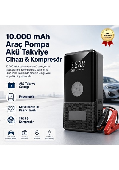 10.000 Mah Araç Akü Takviye Cihazı & Kompresör 150 Psı Dijital Ekran Jump Starter Powerbank Led Fener-1624