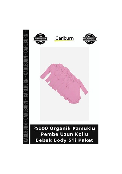 Carlburn Premium %100 Organik Pamuklu Pembe Uzun Kollu Bebek Body 5'li Paket Yenidoğan Çocuk Kıyafeti