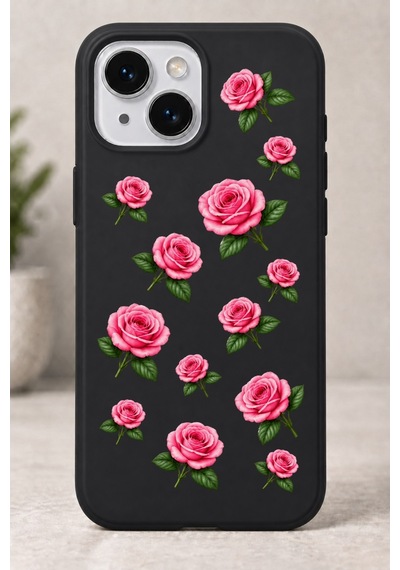 2d 2 Boyutlu Gül Desenli Siyah Telefon Kılıfı