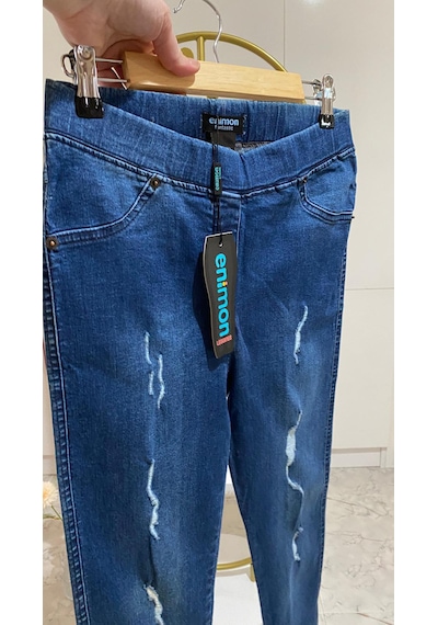 Lazerli Yırtık Denim Tayt Pantolon Açık Lacivert
