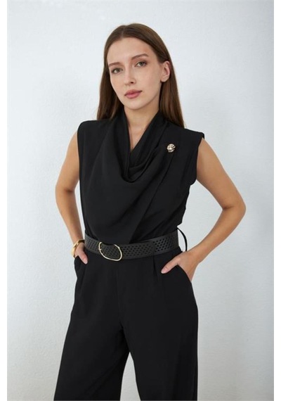 Neşeli Butik Kadın Siyah Degaje Yaka Kemerli Kolsuz Geniş Paça Tulum Nbmy4030
