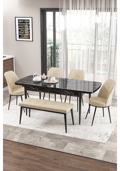 Canisa Concept Zen Serisi 80x132 Mdf Açılabilir Siyah Mermer Desen Masa Takımı 4 Krem Sandalye Ve 1 Bench Masa Siyah Mermer Sandalye Ve Bench Krem Canisa Concept Zen Serisi 80x132 Mdf Açılabilir Siyah Mermer Desen Masa Takımı 4 Krem Sandalye Ve 1 Bench Masa Siyah Mermer Sandalye Ve Bench Krem