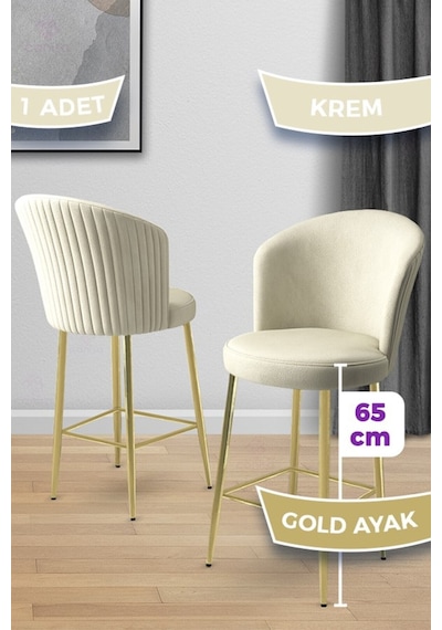 Canisa Alte Serisi 1 Adet Babyface Kumaş 65 Cm Gold Kaplama Ayaklı Krem Bar Sandalyesi Krem Sandalye Gold Kaplama Ayak