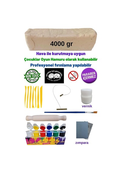Dsh Doğal Seramik Hamuru Seramik Hamuru 4000 Gr, 7li Plastik Ebeşuar Modelaj Seti , Kesme Teli-ipi, Guaj, Doğal Kil