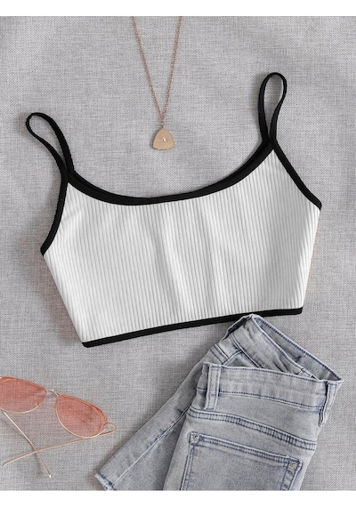 Liona Bisiklet Yaka Askılı Beyaz Renk Fitilli Crop Top Büstiyer