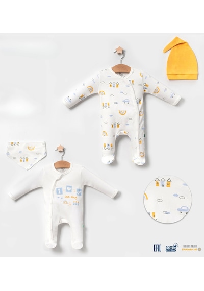 Babydonat Araba Desenli Sarı 4'lü Erkek Bebek Tulumu Sarı