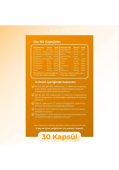 Multivitamin & Mineral 30 Kapsül 11 Vitamin, 9 Mineral Takviye Edici Gıda