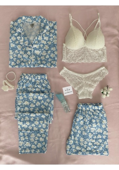 Mh Moony Homewears 5 Parça Penye Pijama Takımı İç Giyim Seti Mavi