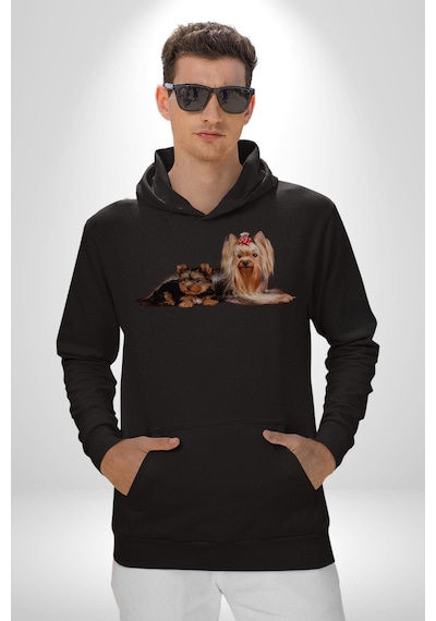 Yorkshire Teacup Ve Anne Köpek Kadın Erkek Siyah Kapüşonlu Sweatshirt Hoodie Siyah
