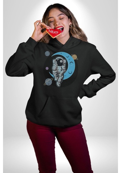 Astronot Uzayda Sıkılmış Kadın Erkek Siyah Kapüşonlu Sweatshirt Hoodie Siyah