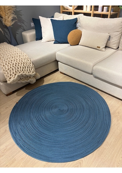 Mavaux Jüt Yuvarlak Hasır Görünümlü Klasik Halı Kilim Mavi