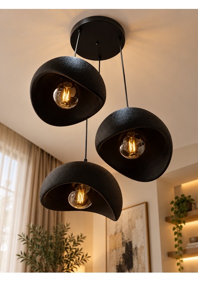 Beton Görünümlü 3'lü Sarkıt Avize Bohem Modern Salon Yemek Masası 3 Rustik Led Ampul Hediyeli Siyah
