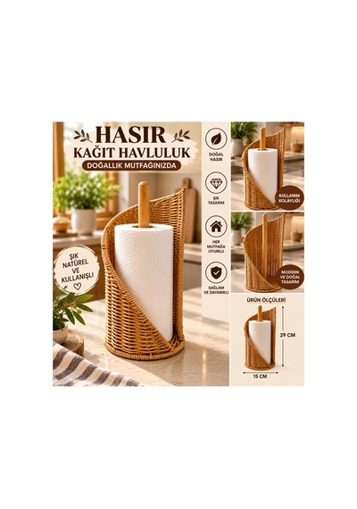 Rattan Kâğıt Havluluk Standlı Bambu Direkli Mutfak Kâğıt Havlu Tutacağı Dekoratif Havluluk Bambu Havluluk Bej Bej