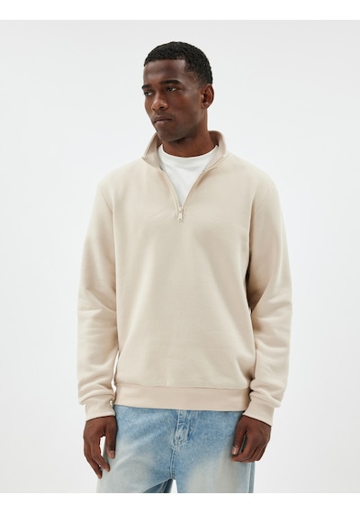 Koton Yarım Fermuarlı Yaka Sweatshirt Uzun Kollu Pamuk Karışımlı Bej 5wam70002mk Ekru