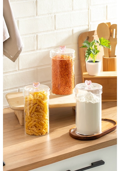 Porsima Hearts 3lü 1150 Ml Borosilikat Cam Kavanoz Seti Saklama Kabı Takımı 10x18cm Şeffaf