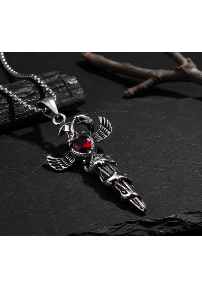 Paslanmaz Çelik Kırmızı Zirkon Taşlı Yılan Kanat Detaylı Gotik Kadın Kolye