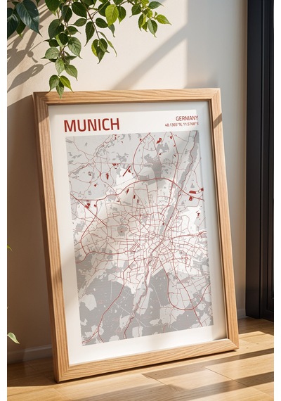 Münih Almanya Germany Haritası Çerçeveli Tablo Lüks Salon Ofis Duvar Dekorasyonu Hediyelik Tablo Kayın