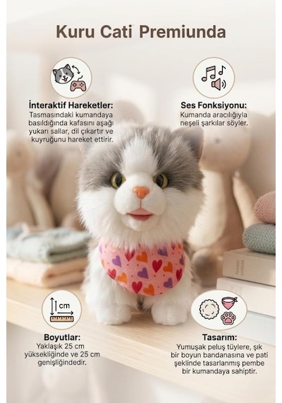 Şarkı Söylüyen Yürüyüş Arkadaşım - İnteraktif Tasmalı Kumandalı Pilli Sesli Oyuncak Peluş Kedi Kahverengi