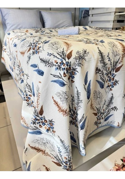 Mavi Detaylı Çiçek Desenli Tek Kişilik Pike 160x240 Cm Ferahlatıcı Tasarım, Hafif Konfor Renkli