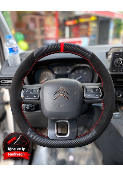 Citroen C3 Dikme Direksiyon Kılıfı Alcantara Süet Mat Karbon Kırmızı Yüzük Ve Dikiş 2020-2024 Siyah