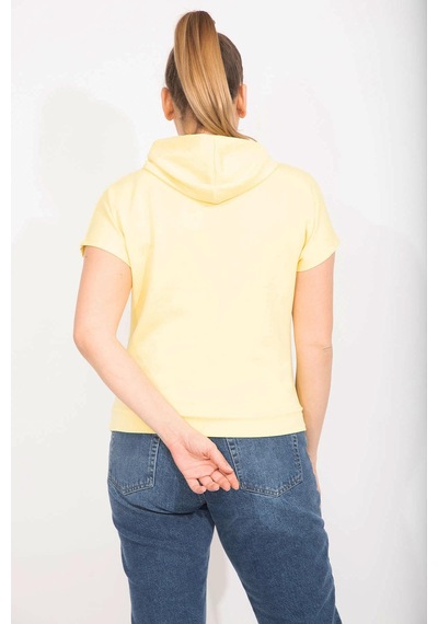 Şans Kadın Sarı Büyük Beden Kapşonlu Kanguru Cepli Kısa Kollu Sweatshirt 65n35613-sarı Sarı