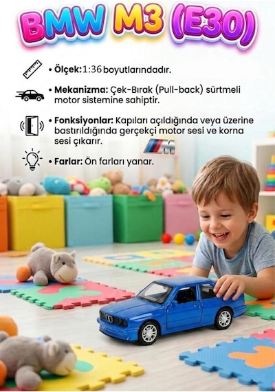 Bmw M3 E30 Işıklı Sesli 1:36 Ölçekli Metal Çek-bırak Mekanizmalı Kapıları Açılabilir Oyuncak Araba Mavi
