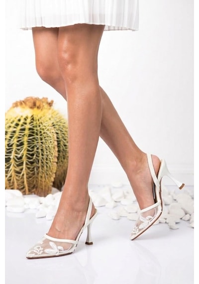 Fox Shoes Y752176315 Beyaz File Boncuk İşlemeli İnce Topuklu Kadın Ayakkabı