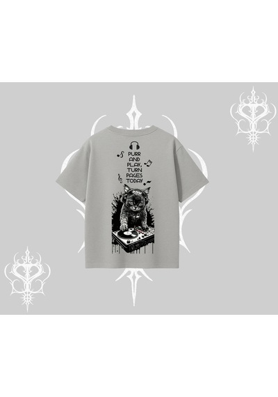 Startmore Startmore Dj Kedi Baskılı Müzik Temalı Oversize Tshirt Gri